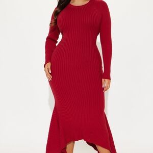 Fashion Nova Long Sleeve Ribbed Maxi Dress in Red